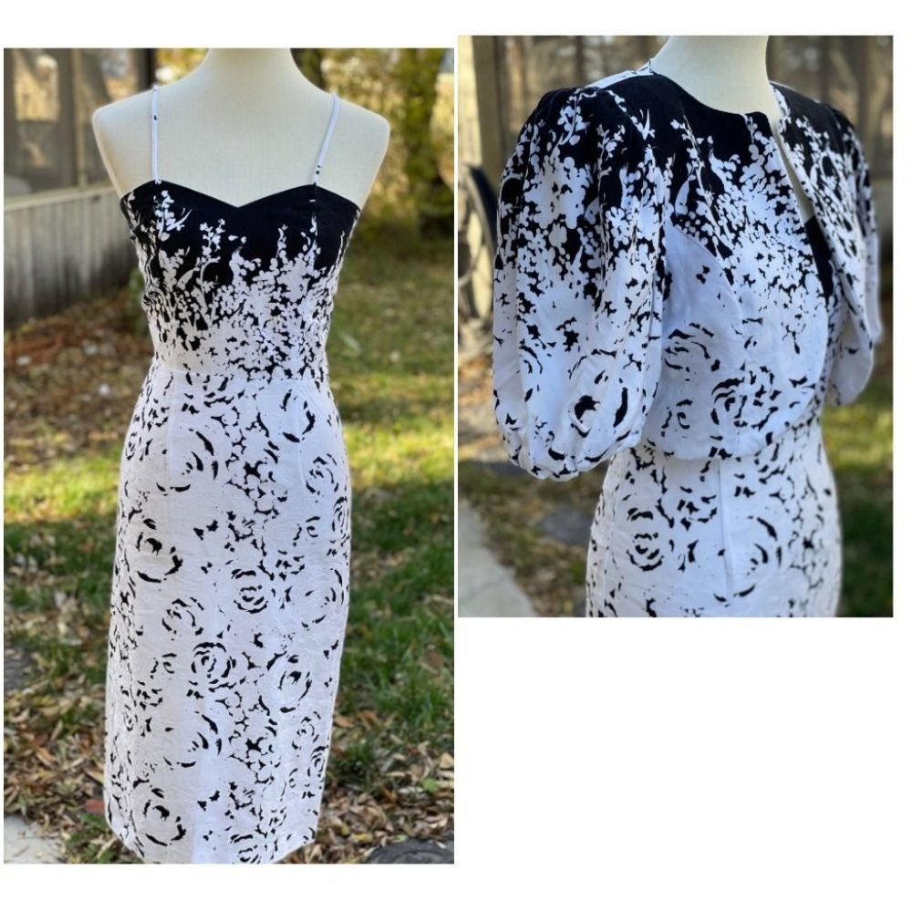 Vintage 1980s Wiggle Dress Set Bolero Black White Abstract New Wave Sz S Cotton